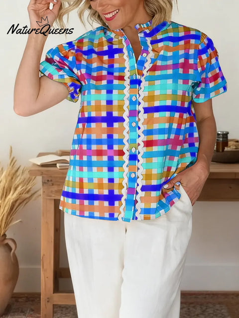 Women's Striped Print Shirt Collar Short Sleeve Casual Loose Cotton Linen Top