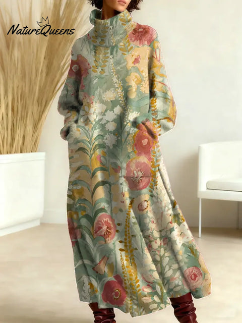 Women's Floral Pattern Art Print Casual Cotton Knitted Dress