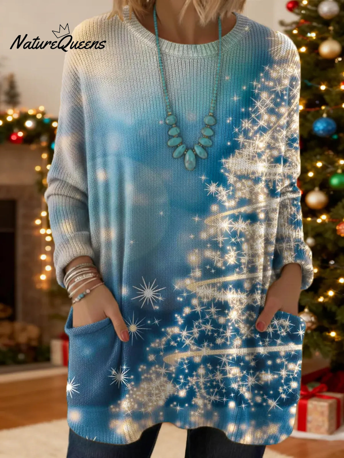 Women's Christmas Tree Pattern Art Print Casual Cotton Knitted Sweater