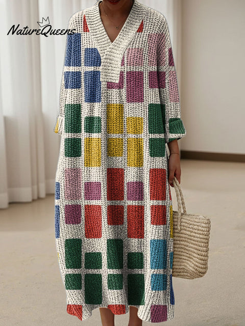 Women's Color Block Abstract Pattern Art Print Casual Cotton Knitted Dress