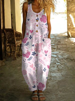 Women's Valentine's Day Pink Print Casual Cotton Vest Jumpsuit