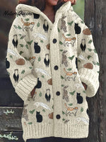Women's Funny Cats Pattern Art Print Casual Fleece Coat