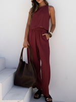 Casual Cozy Back Button Design Linen And Cotton Two-piece Set