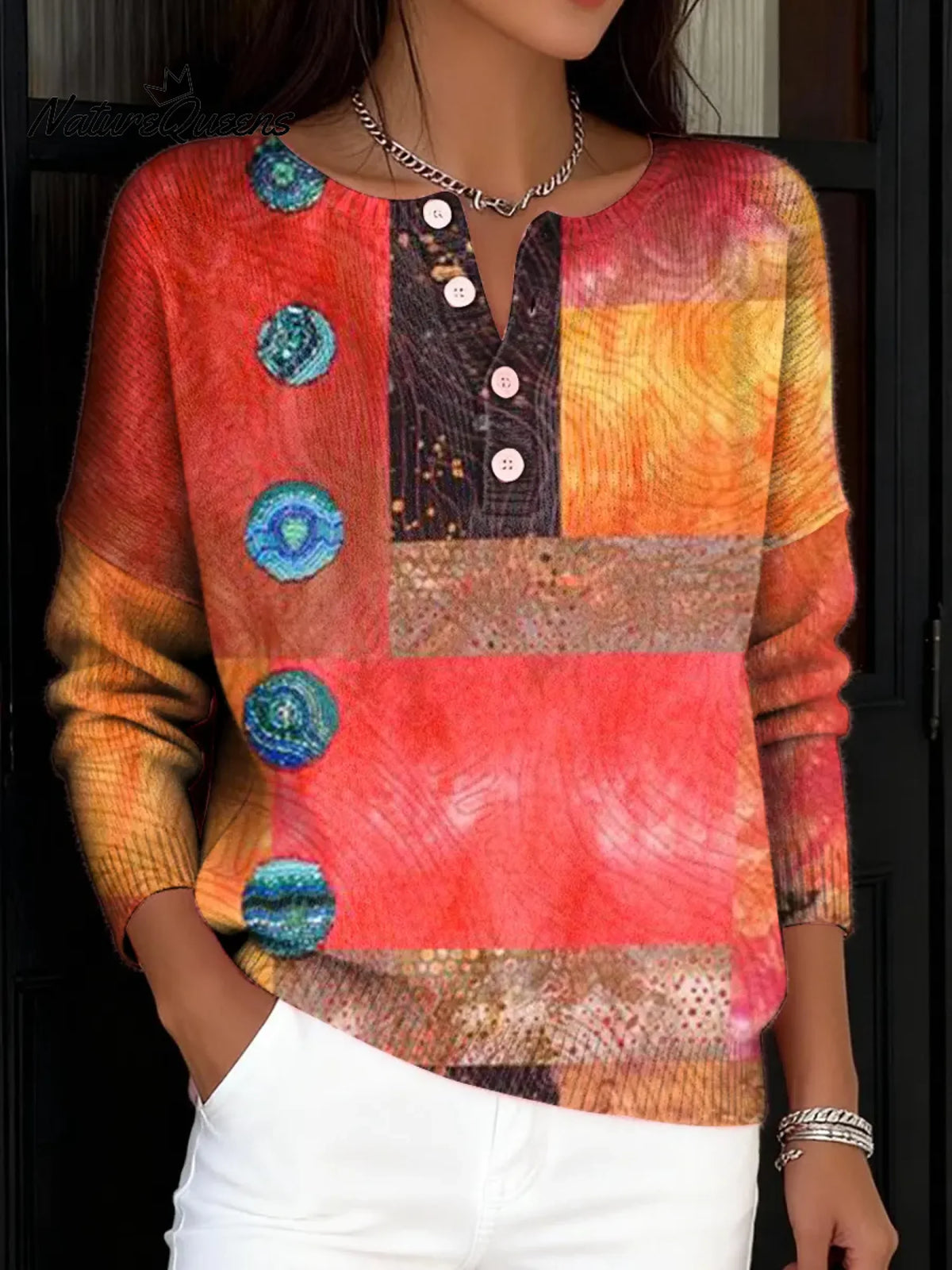 Women's VintageGeometric Pattern Art Print Buttoned Cardigan Sweater