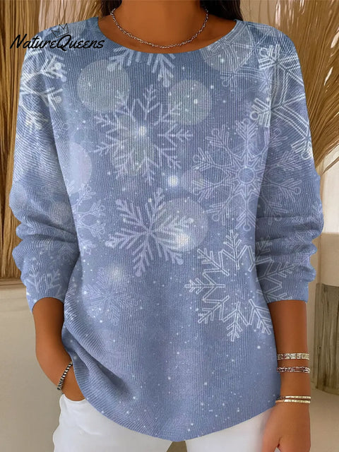 Women's Blue Sparkling Snowflakes Print Casual Pullover Sweater