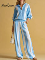 Women's Striped Print Cardigan Collar Three-quarter Sleeve Knitted Top And High-waisted Casual Loose Wide-leg Pants Knitted Set.