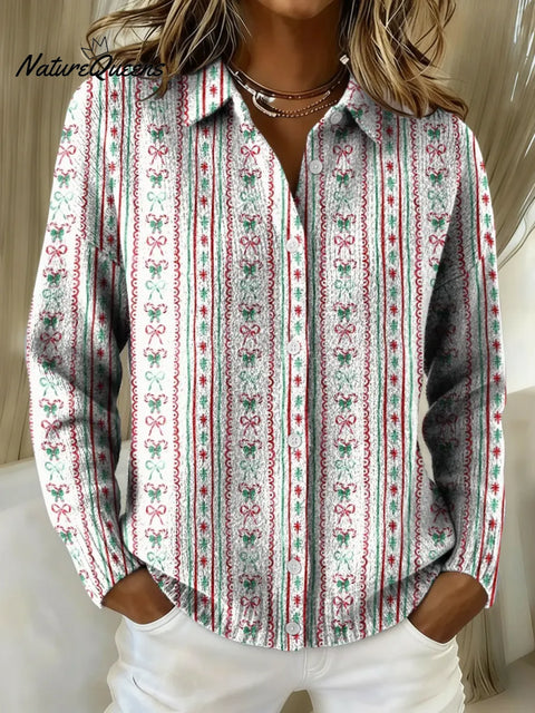 Women's Minimalist Striped Christmas Printed Collared Sweater