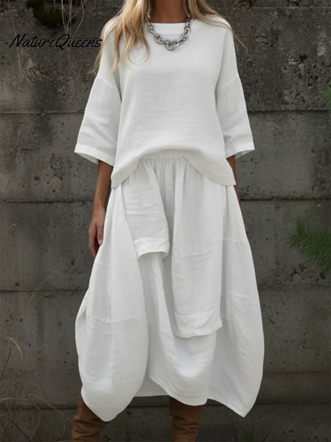 Retro Linen Top And Pocket-style Skirt Two-piece Set