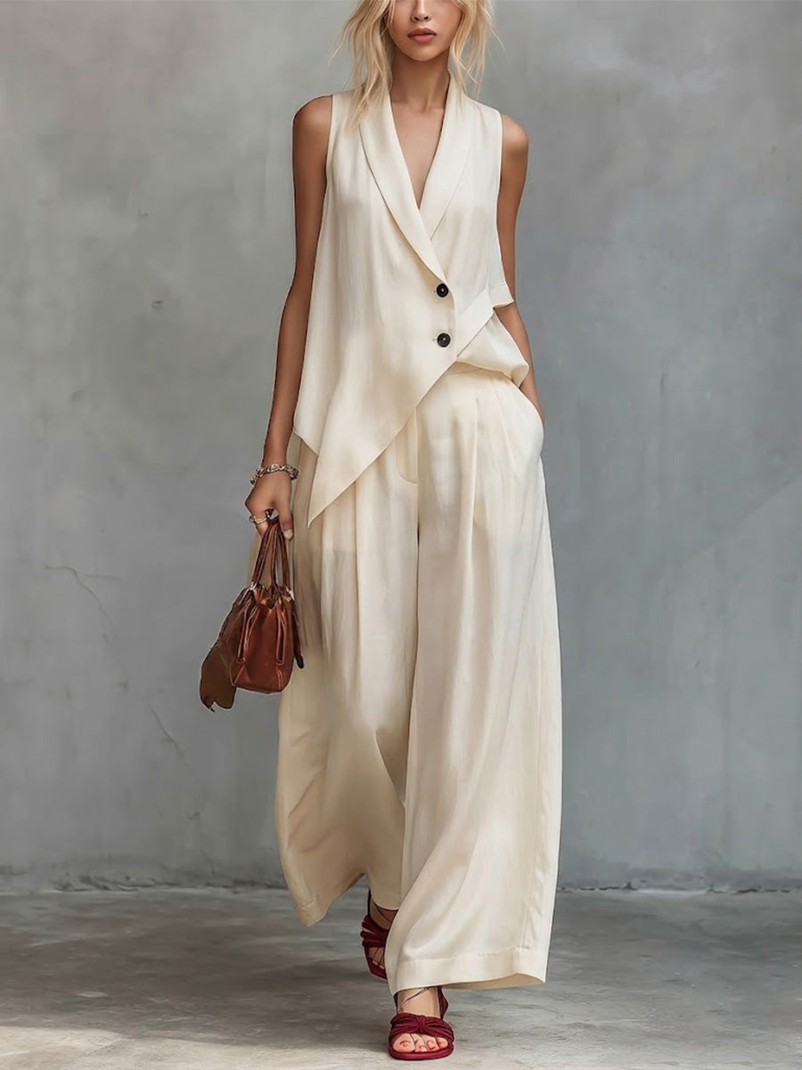 Two-piece Set: Sleeveless Collared Asymmetric Vest + High-waisted Pleated Wide-leg Trousers.