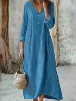 Women's Solid Color Art Casual Long Sleeve Cotton Linen Dress