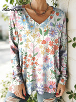 Women's Floral Pattern Art Print V-neck Casual Cotton T-shirt