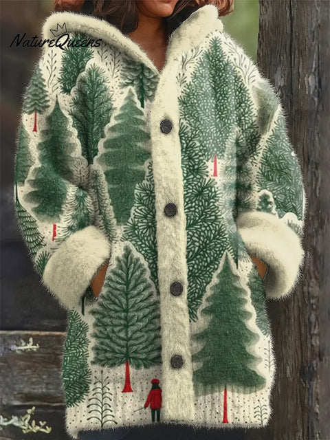 Women's Christmas Tree Pattern Art Print Casual Fleece Coat