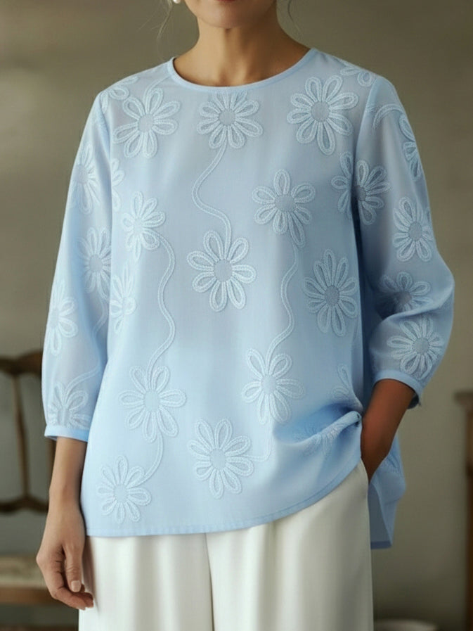Romantic Floral Embroidered Cutout Design Blouse Shirt