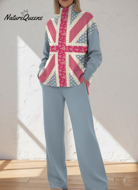 Flower, Heart, And Union Jack Decorative Pattern Casual Stand Collar Long Sleeve Top And Pants