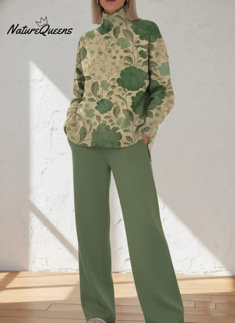 Women's Floral Pattern Art Print Casual Knitted Cotton Top Pants Suit