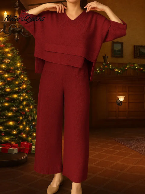 Women's Solid Color V-Neck Three-Quarter Sleeve Casual Loose Knit Top and High-Waisted Knit Wide-Leg Pants Set