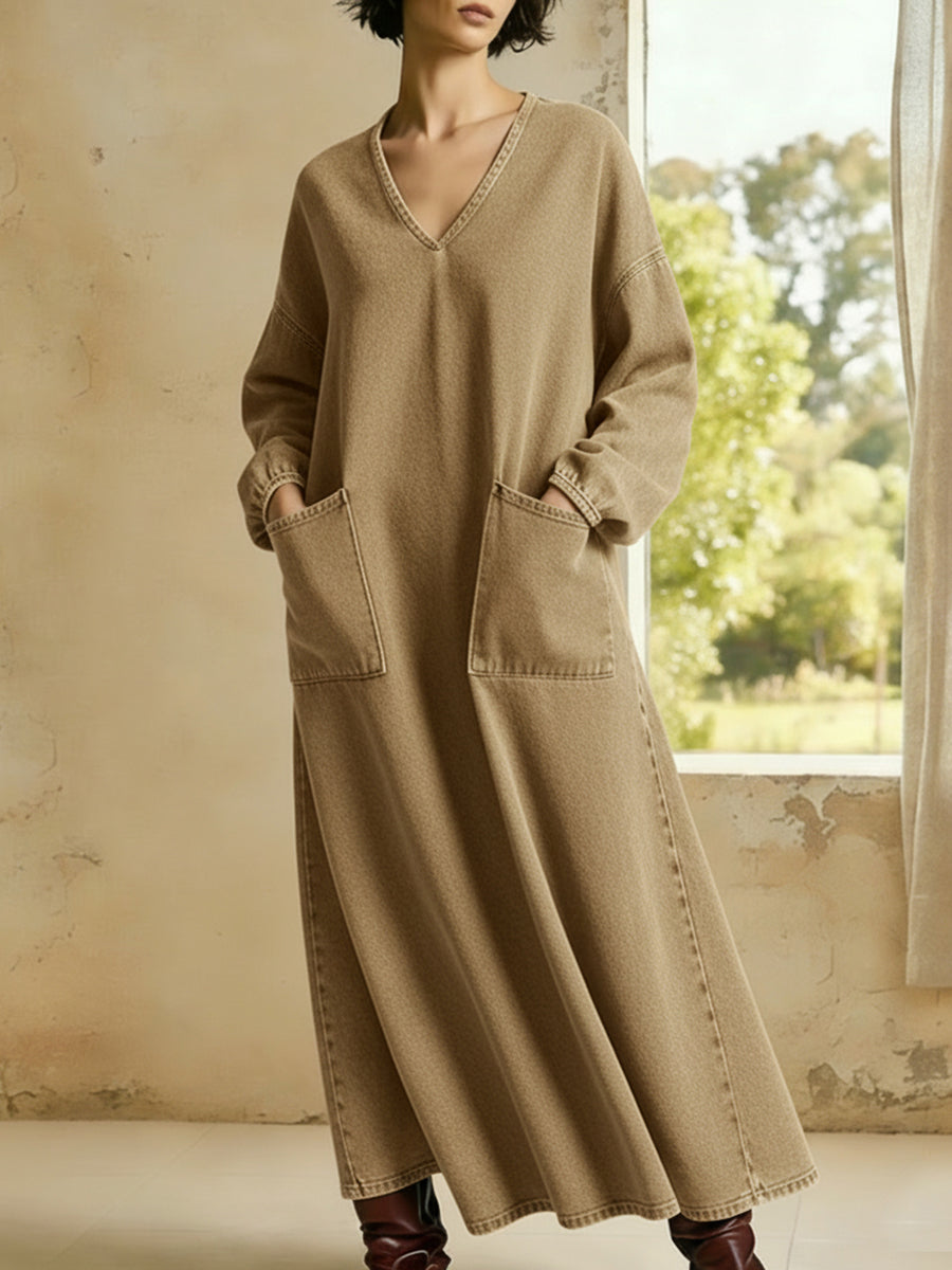 Casual V-neck Pocket Denim Cotton Dress