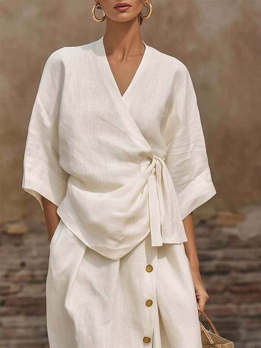 Casual Tie-front Shirt & Skirt Cotton Linen Two-piece Set