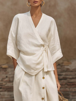 Casual Tie-front Shirt & Skirt Cotton Linen Two-piece Set