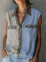 Casual Leopard-print And Striped Patchwork Cotton Blouse