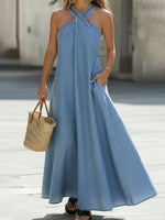 Elegant Halter-neck Denim Maxi Dress