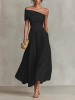 Women's Cotton-linen Solid-color Off-shoulder Backless Dress