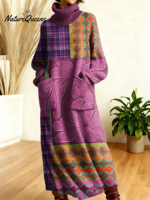 Women's Retro Flowers High-neck Long-sleeve Casual Loose Knit Dress