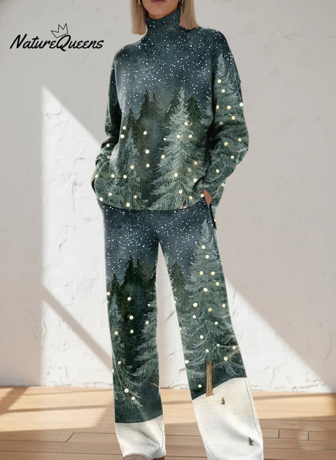 Women's Christmas Forest Art Print Casual Knitted Cotton Top Pants Suit