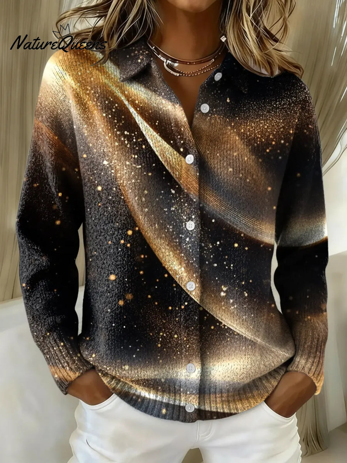 Women's Golden Light Printed Collared Sweater