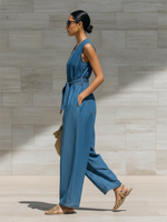 Casual Loose-fit Belted Denim Jumpsuit