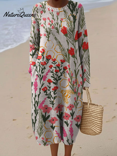 Women's Flowers Abstract Pattern Casual Round Collar Long Sleeve Dress