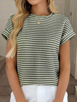 Women's Round Neck Pullover Two-tone Knit Short-sleeved Top