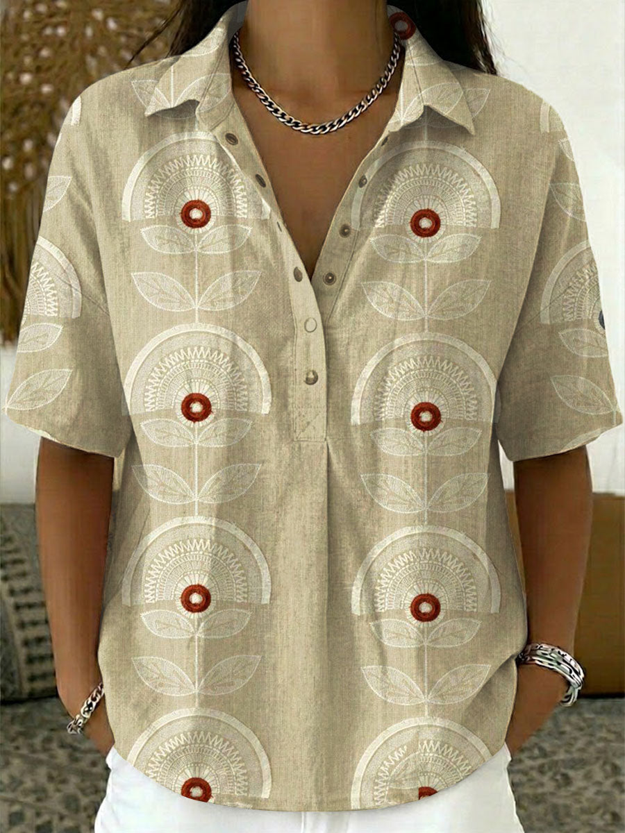 Women’s Embroidered Flowers Print Cotton Linen Polo Shirt