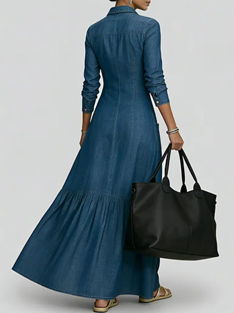 Women's Shirt Collar Long-sleeved Loose A-line Denim Dress