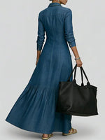 Women's Shirt Collar Long-sleeved Loose A-line Denim Dress