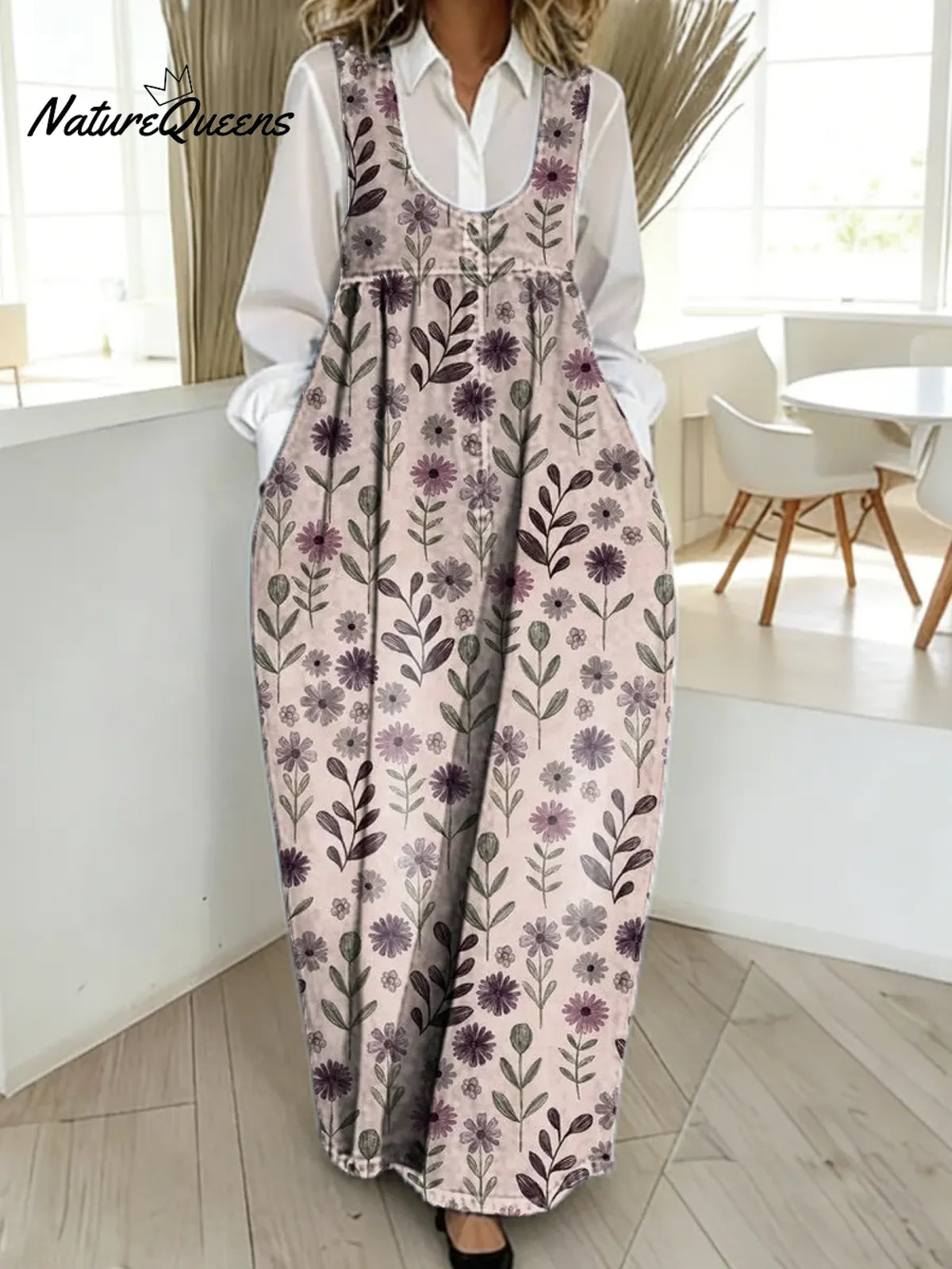 Women's Floral Pattern Art Print Casual Cotton Denim Dress