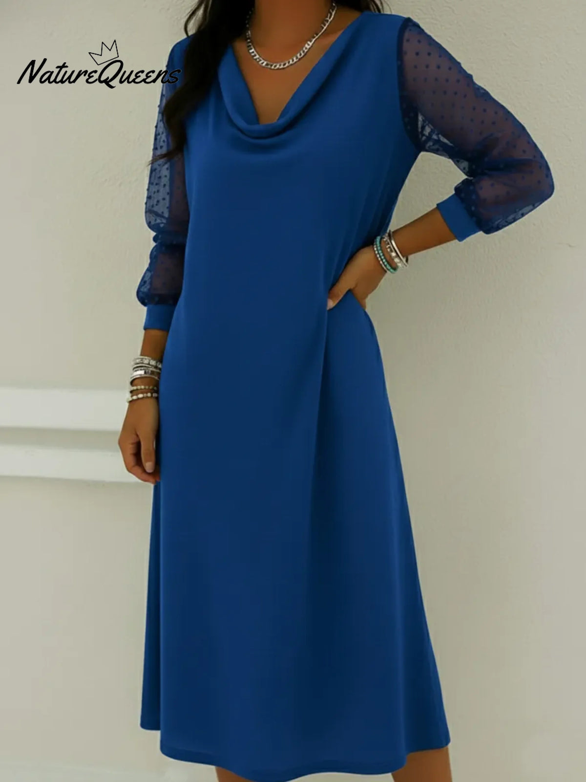 Vintage Cowl Neck Lantern Sleeve Midi Dress