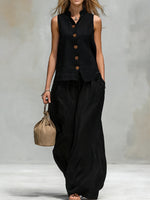 Comfortable And Casual V-neck Sleeveless Button-down Top And Trousers Set