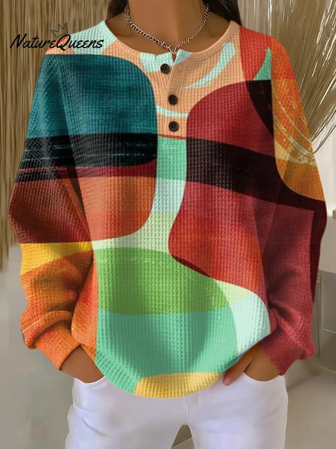 Women's Geometric Pattern Art Print Casual Waffle Sweatshirt