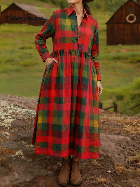 Women's Plaid Cotton And Linen Casual Long-Sleeved Dress
