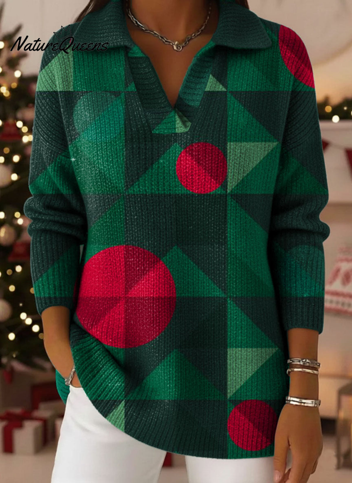 Christmas Plaid Gradient Art Pattern Polo Collar Shiny Loose Sweater Top