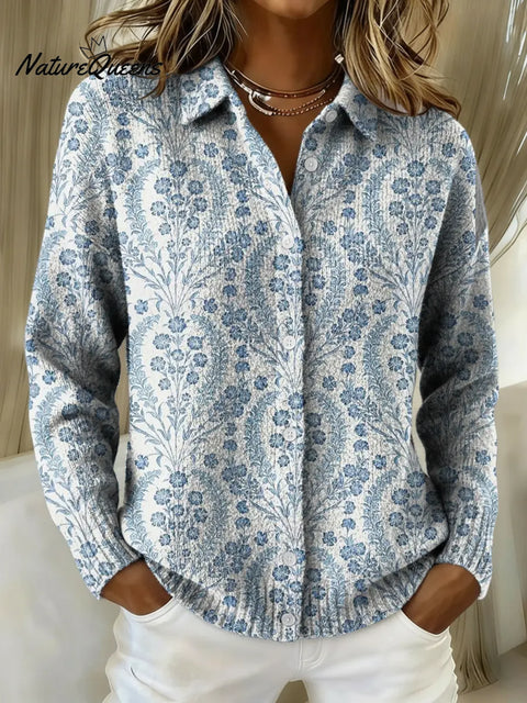 Women's Fresh Blue Pattern Printed Collared Sweater