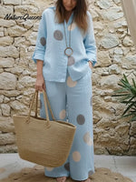 Artistic Polka Dot Print Linen Shirt And Pants Two-piece Set
