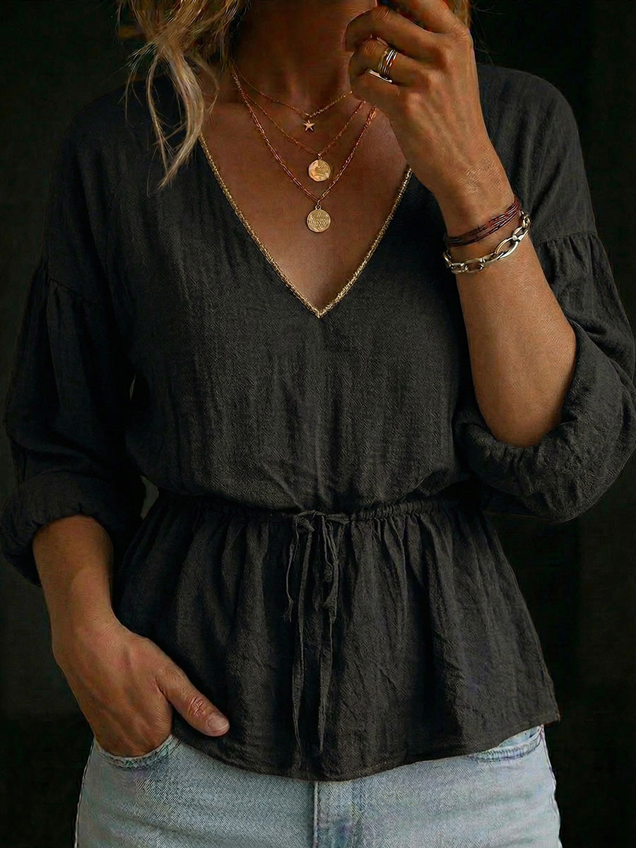Women's V-neck Long-sleeve Linen Cotton Top