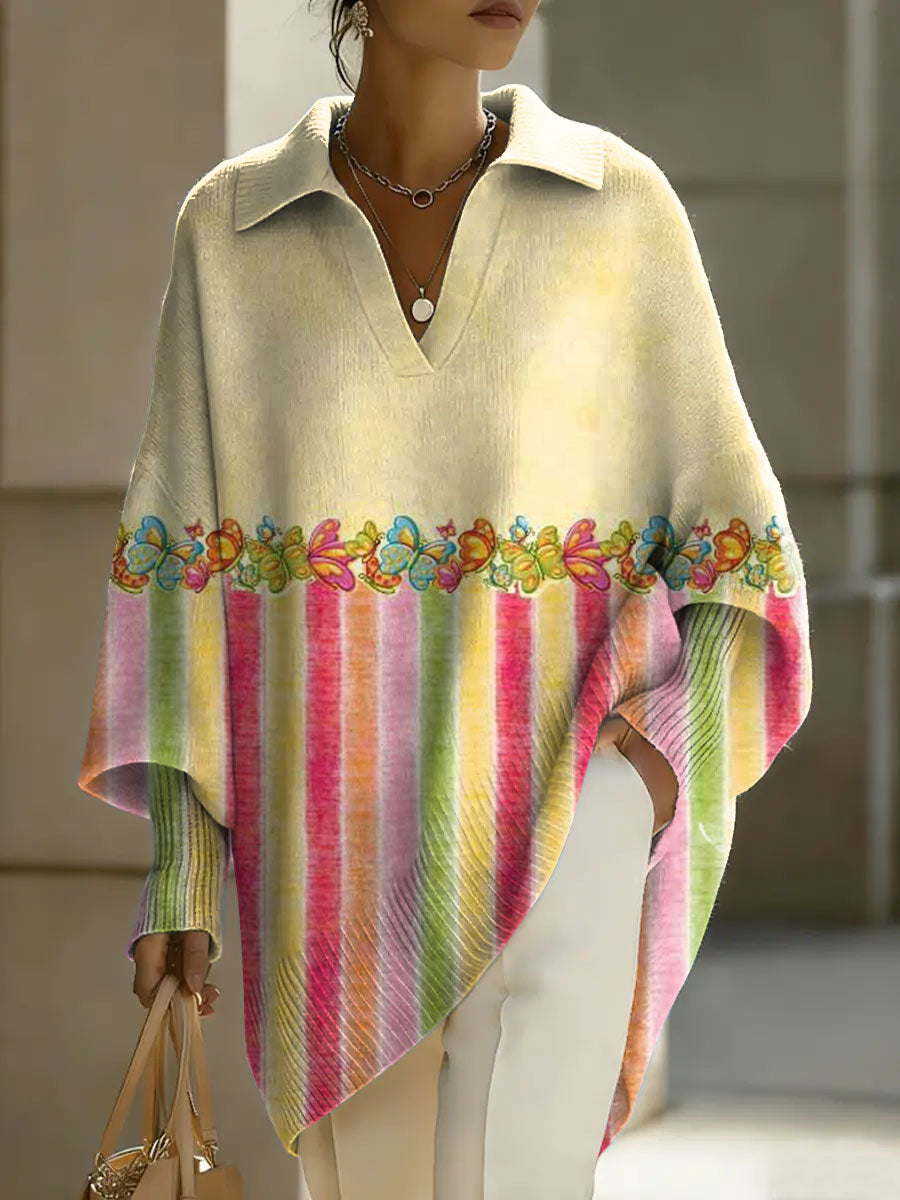 Women's Abstract Art Geometry Patterns V-neck Long-sleeved Casual Loose-fitting Knitted Pullover Sweater