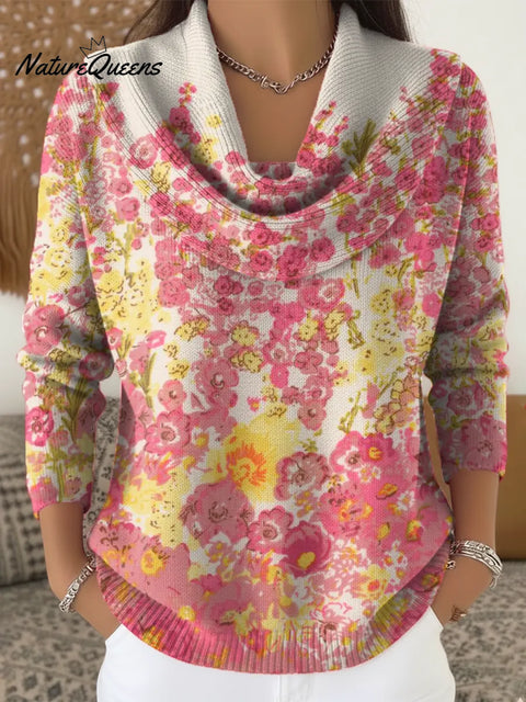Women's Floral Pattern Art Print Casual Cowl Neck Sweater
