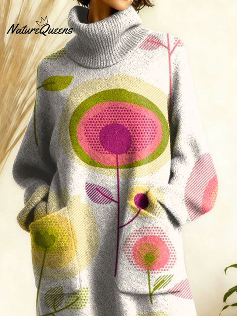 Women's Retro Floral Flowers High-neck Long-sleeve Casual Loose Knit Dress