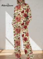 Women's Floral Pattern Art Print Casual Knitted Cotton Top Pants Suit
