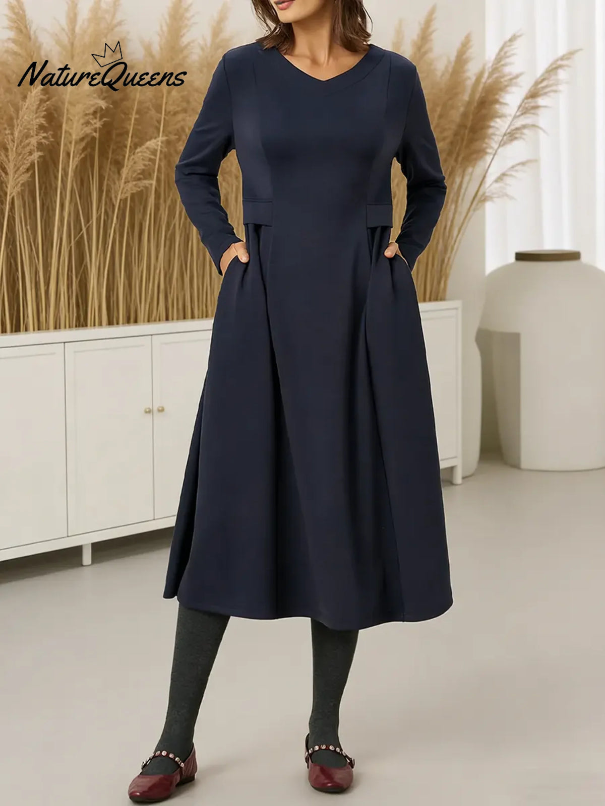 Women's Solid Color V-neck Long Sleeve Casual Loose Knit Dress