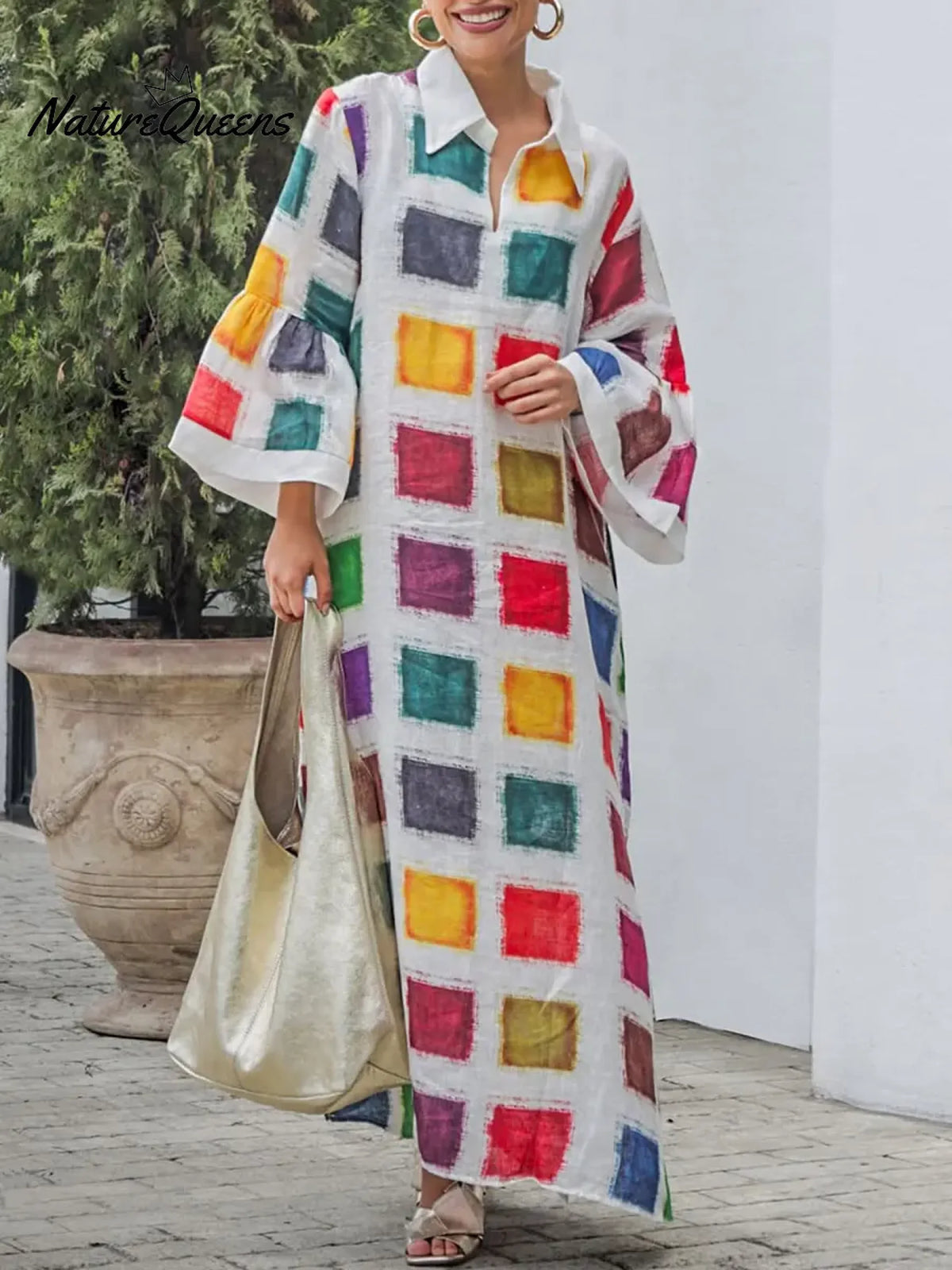 Women's Colorful Geometric Print V-neck Long Sleeve Casual Cotton Linen Dress